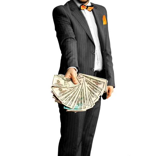 Guy in an elegant suit with a bunch of money in the hands — Stock Photo, Image