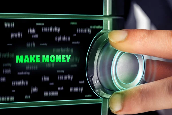 Businessman choosing MAKE MONEY button on dashboard — Stock Photo, Image