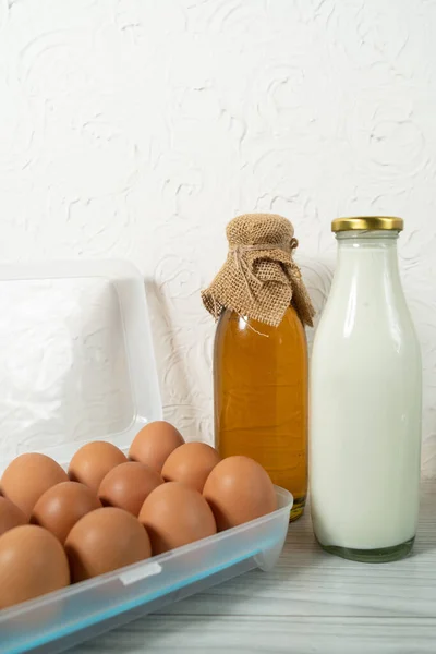 Bottle Mustard Oil Bottle Milk Eggs Tray — Stock Photo, Image
