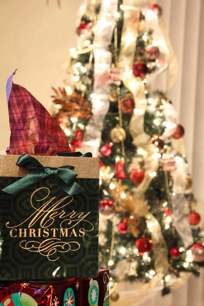 Regalo de Navidad y árbol de Navidad con luces — Foto de Stock