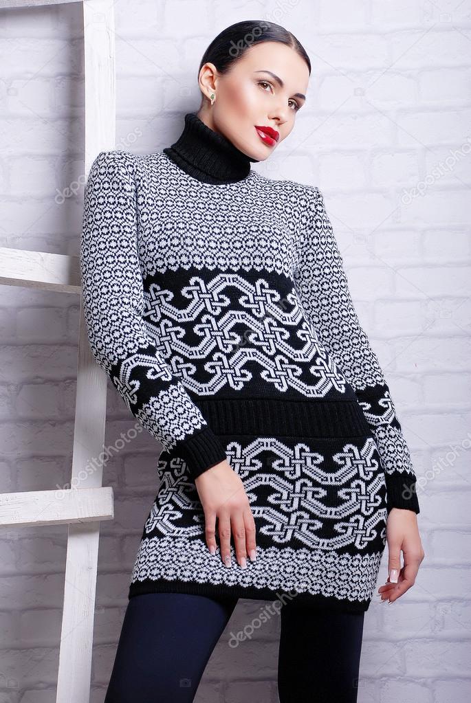 brunette woman in casual knitted sweater