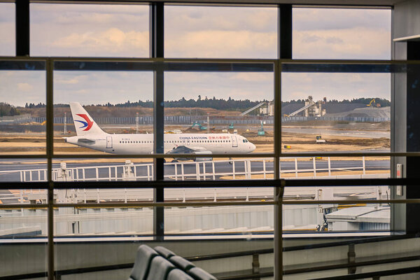 Narita, Japan - Feb 03, 2020: the area of the Narita airport in Tokyo. Plane Parking at Narita airport. Narita international airport, or Tokyo, is one of the two main airports serving the Greater Tokyo area