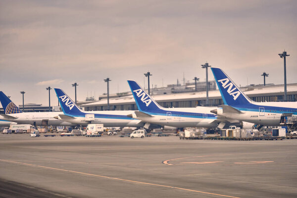 Narita, Japan - Feb 03, 2020: the area of the Narita airport in Tokyo. Plane Parking at Narita airport. Narita international airport, or Tokyo, is one of the two main airports serving the Greater Tokyo area