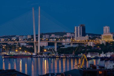 Vladivostok, Rusya - 11 Haziran 2020: Vladivostok şehri gece görüşü. Gece Vladivostok 'taki Altın Köprü.