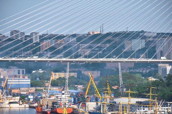 Vladivostok, Russia - Jun 11, 2020: Evening view of the bridge in the Golden swarm Bay. Sea city beach in summer. — Stock Photo, Image