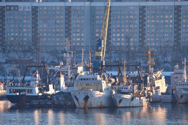 Vladivostok, Russie - 26 déc. 2020 : Vue en soirée du pont dans la baie d'essaim doré. La baie de la corne d'or en hiver. — Photo