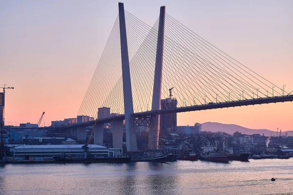 Vladivostok, Russia - 26 dicembre 2020: Vista serale del ponte nella baia dello sciame d'oro. La baia del corno d'oro in inverno. — Foto Stock