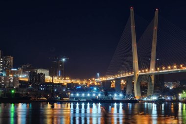 Vladivostok, Rusya - 26 Aralık 2020: Golden Swarm Bay 'deki köprünün akşam manzarası. Kışın Golden Horn Körfezi 'nde. Vladivostok şehrinin gece manzarası