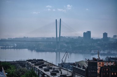 Vladivostok, Rusya - 11 Haziran 2020: Golden Swarm Bay 'deki köprünün akşam manzarası. Yazın deniz kenti plajı