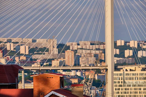 Vladivostok Rusland Jul 2020 Avondzicht Brug Gouden Zwermbaai Zee Stad — Stockfoto