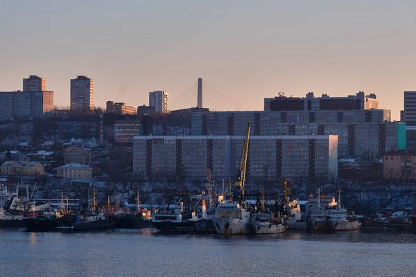 Vladivostok, Ryssland - 22 dec 2020: Kvällsutsikt över Kap Churkin och Golden Horn Bay, där fartyg står i hamnen. — Stockfoto