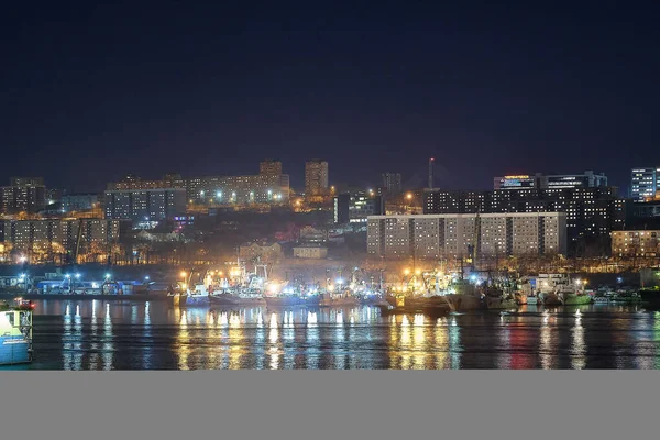 Władywostok, Rosja - 26 grudnia 2020: Wieczorny widok na most w Złotej Zatoce. Złoty róg zatoki w zimie. Widok nocny na miasto Władywostok. — Zdjęcie stockowe
