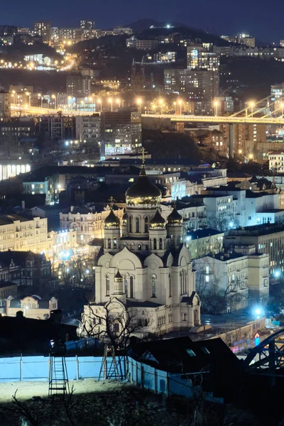 Vladivostok Rusko 2021 Noční Pohled Centrální Část Vladivostoku Výšky Spaso — Stock fotografie