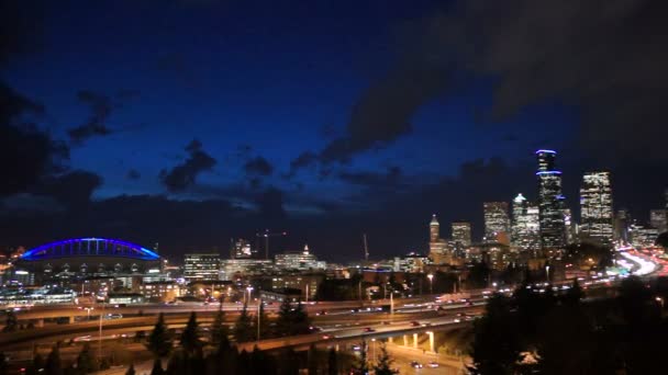 Rush Hour Seattle Interstate 5 Cuts Through Downtown City Center Skyline — Stock Video