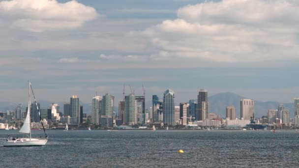 Żaglówka płynie poprzez zatokę San Diego w Kalifornii City Skyline — Wideo stockowe