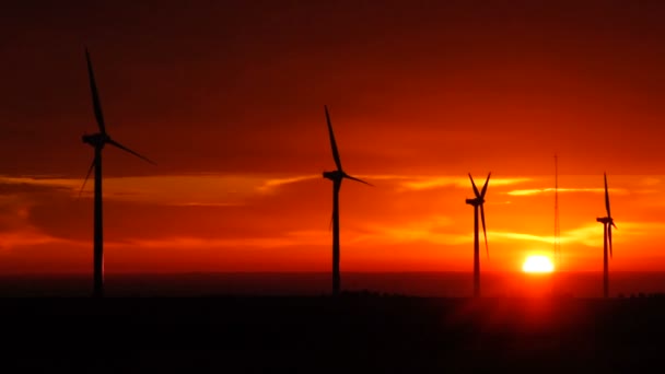 Parlak turuncu gündoğumu sinyal pik rüzgar türbinleri Washington yeşil enerji — Stok video