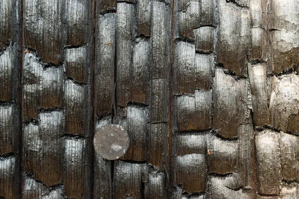 Burned Wood Fencepost Rusty Nail Charred Lumber — Stock Photo, Image