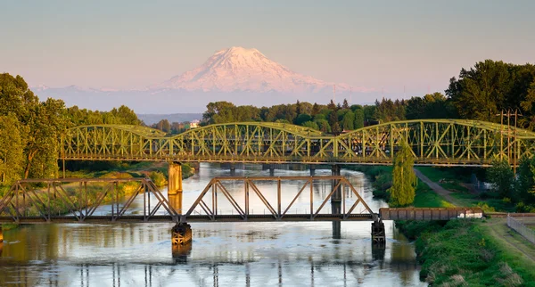 Railroad Car Bridges Puyallup River Mt. Rainier Washington — Stock Photo, Image