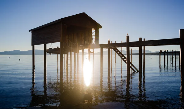 Elevated Pier Walkway to Boathouse Lake Tahoe City Sunrise — Stock Photo, Image