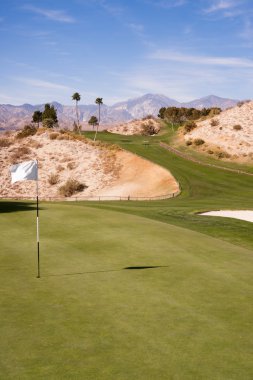Kupası bayrak Golf Sahası yeşil Desert Palm Springs dikey dağ