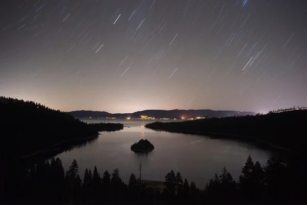 Long Exposure Night Sky Emerald Bay Fannette Island Lake Tahoe — Stock Photo, Image