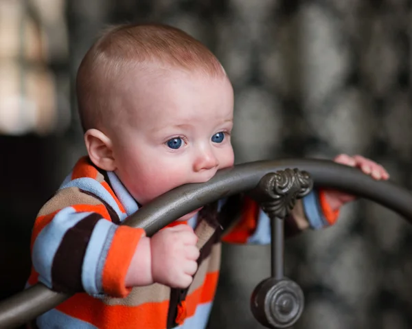 Infant Boy Blue Eyes Biting Wrought Iron Headboard — Stock Photo, Image