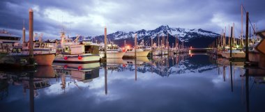 Boats on Smooth Resetrection Bay Seward Alaska Harbor Marina clipart