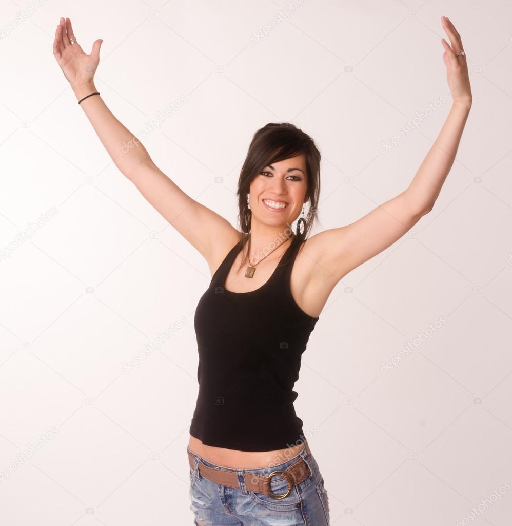 Woman Celebrates Winning Attitude Arms Outstretched Reaching Upward