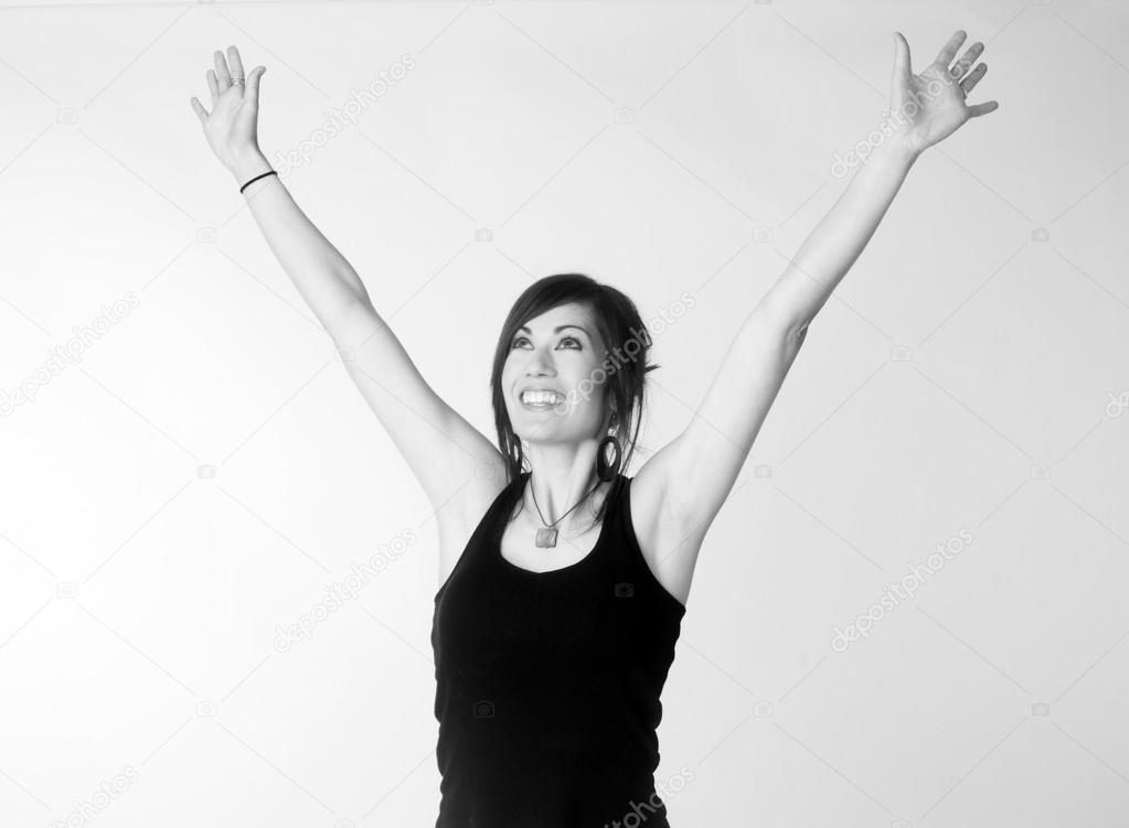 Woman Celebrates Winning Attitude Arms Outstretched Reaching Upward