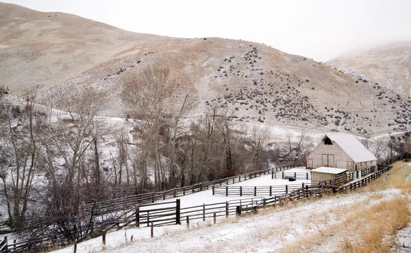 Čerstvý sníh přikrývky svahu venkovských Country scénu zapomenuté ranč — Stock fotografie