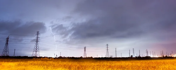 Electrical Storm Thunderstorm Lightning over Power Lines South Texas — Stock Photo, Image