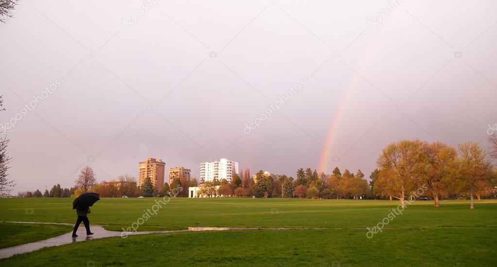 Rainbow Appears Over Park During Thunderstorm Pedestrian Umbrella
