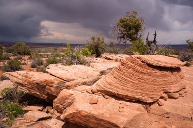 Rain Clouds Gather Over Rock Formations Utah Juniper Trees clipart