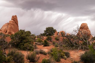 Rain Streaks Clouds Rock Formations Utah Juniper Trees clipart