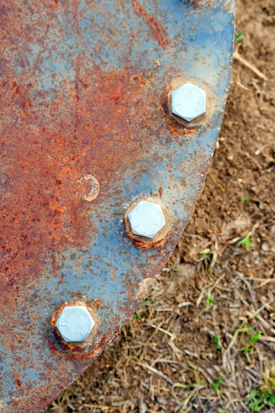 Strong Bolts Hold Rusted Manhole Cover Ground Level Dirt — Stock Photo, Image