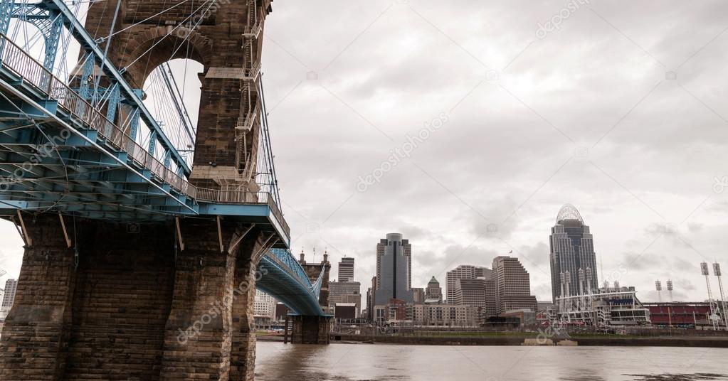 Storm over Suspension Bridge Newport Kentucky Cincinnati Ohio River