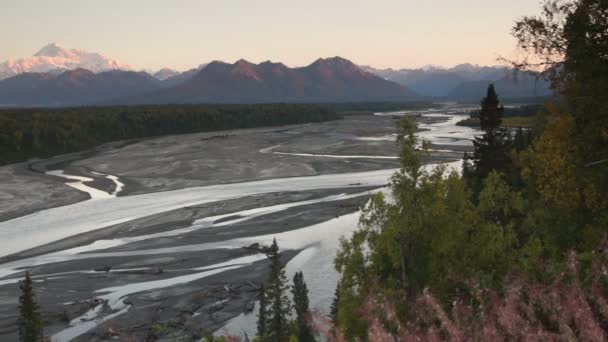 Montanhas da gama Denali Wide Shot Panning através — Vídeo de Stock