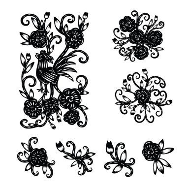 Çin kağıt kesiği, horoz ile izole çerçeve çiçek