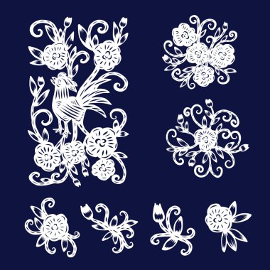 Çin kağıt kesiği, horoz ile izole çerçeve çiçek