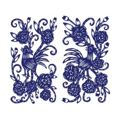 Çin kağıt kesiği, horoz ile izole çerçeve çiçek