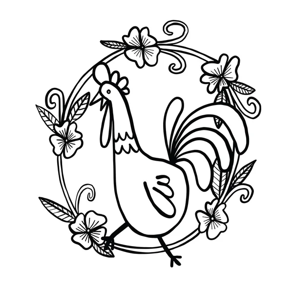 Rooster drawing with flower frame, isolated illustration — Stock Vector