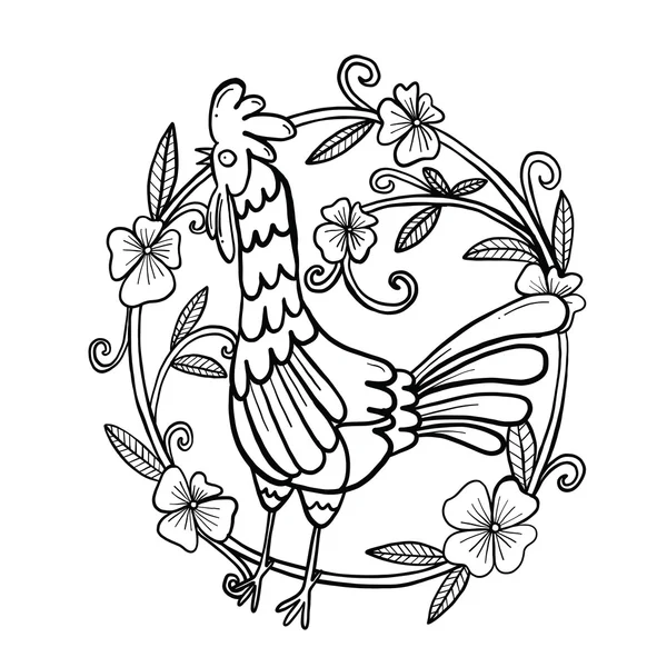 Gallo disegno con cornice floreale, illustrazione isolata — Vettoriale Stock