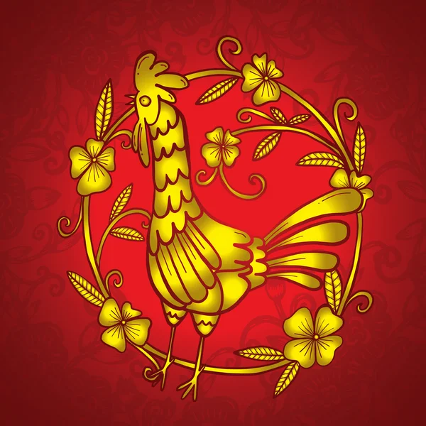 Corte de papel chino, Gallo con marco floral, aislado — Archivo Imágenes Vectoriales