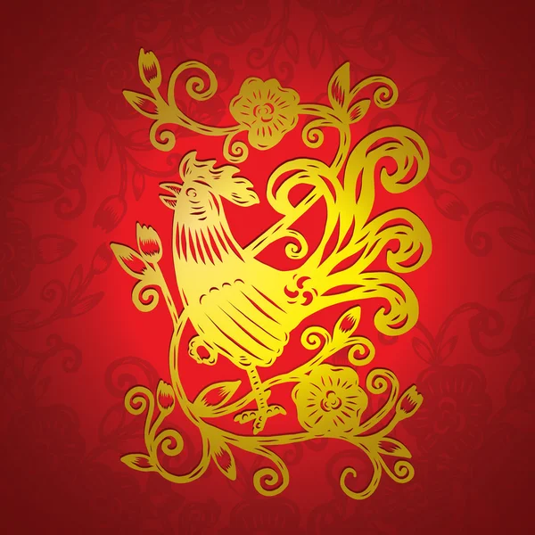 中国剪纸，公鸡与花香的框架，孤立 — 图库矢量图片