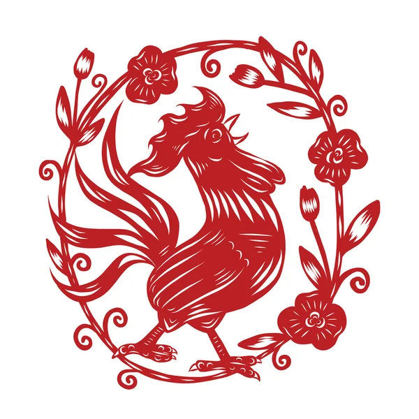 Chinese paper cut ,Rooster with floral frame, isolated — Stock Vector