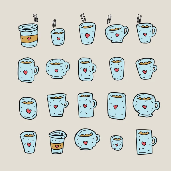 Colección taza de café, Estilo de dibujo a mano, Aislado — Vector de stock