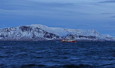 Kış alacakaranlıklarında İzlanda kayaları yakınlarında gerçek kırmızı bir gemi.