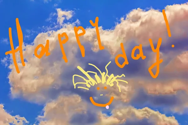 Fun Words Happy Day Clouds Bright Blue Sky — Stock Photo, Image
