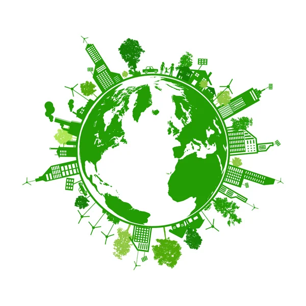 โลกสีเขียวที่มีแนวคิดการประหยัดพลังงานของเมือง — ภาพเวกเตอร์สต็อก