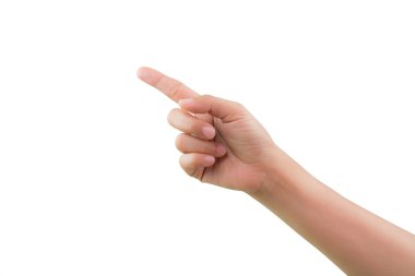 Kadın beyaz arka plan üzerinde izole duruş, işaret